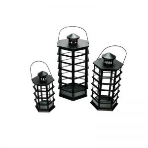 Set of 3 Black Modern Design Glass Pillar Candle Lanterns 10.5″ – 18.5″